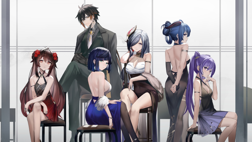 1boy, 5girls, absurdres, ahoge, alternate_costume, alternate_hairstyle, aqua_nails, arm_strap, ass, backless_dress, backless_outfit, bad_id, bad_pixiv_id, bangle, bare_arms, bare_back, bare_legs, bare_shoulders, black_gloves, black_hair, black_suit, blue_dress, blue_hair, bob_cut, bracelet, breasts, brown_hair, brown_pantyhose, chair, cleavage, cleavage_cutout, closed_mouth, clothing_cutout, commentary_request, cone_hair_bun, criss-cross_halter, crossed_bangs, crossed_legs, dark_blue_hair, derby_(dabidabi), double_bun, dress, earrings, elbow_gloves, eyeliner, feather_boa, feet_out_of_frame, flower, flower-shaped_pupils, formal_clothes, ganyu_(genshin_impact), genshin_impact, gloves, goat_horns, gradient_hair, green_eyes, green_vest, grey_hair, hair_bun, hair_flower, hair_ornament, hair_over_one_eye, halterneck, hand_up, highres, horns, hu_tao_(genshin_impact), jewelry, keqing_(genshin_impact), large_breasts, light_smile, long_hair, looking_at_viewer, looking_back, makeup, median_furrow, medium_breasts, multicolored_hair, multiple_girls, nail_polish, necktie, on_chair, orange_eyeliner, pantyhose, parted_lips, plum_blossoms, purple_dress, purple_hair, red_eyes, see-through_clothes, see-through_dress, shenhe_(genshin_impact), short_dress, short_hair, sidelocks, single_elbow_glove, sitting, standing, streaked_hair, suit, symbol-shaped_pupils, tassel, tassel_earrings, thighs, turtleneck, turtleneck_dress, twintails, two-tone_dress, two-tone_hair, vest, white_necktie, yelan_(genshin_impact), yellow_eyes, zhongli_(genshin_impact)