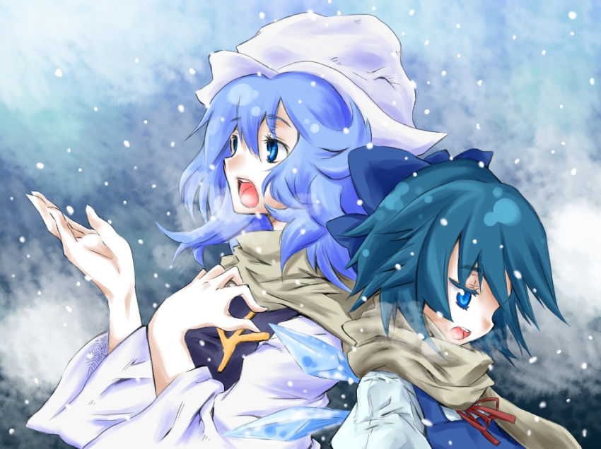 2girls, back-to-back, bad_id, bad_pixiv_id, blue_eyes, blue_hair, bow, cirno