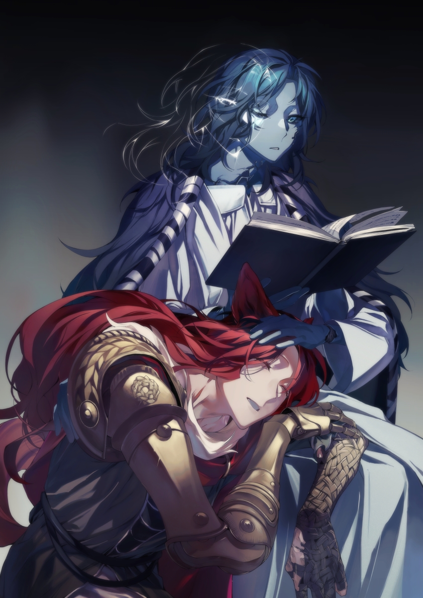 2girls, absurdres, animal_ears, blue_cloak, blue_eyes, blue_hair, blue_skin, book, brown_dress, cape, chinese_commentary, cloak, closed_eyes, colored_skin, commentary_request, cracked_skin, doll_joints, dress, elden_ring, extra_faces, feet_out_of_frame, from_side, fur-trimmed_cape, fur_cloak, fur_trim, hand_on_another's_head, highres, holding, holding_book, joints, kemonomimi_mode, lap_pillow, long_hair, long_sleeves, malenia_blade_of_miquella, mechanical_arms, medium_hair, multiple_girls, one_eye_closed, parted_lips, prosthesis, prosthetic_arm, ranni_the_witch, reading, red_cape, red_hair, shouzuo, siblings, single_mechanical_arm, sisters, sitting, wavy_hair, white_dress