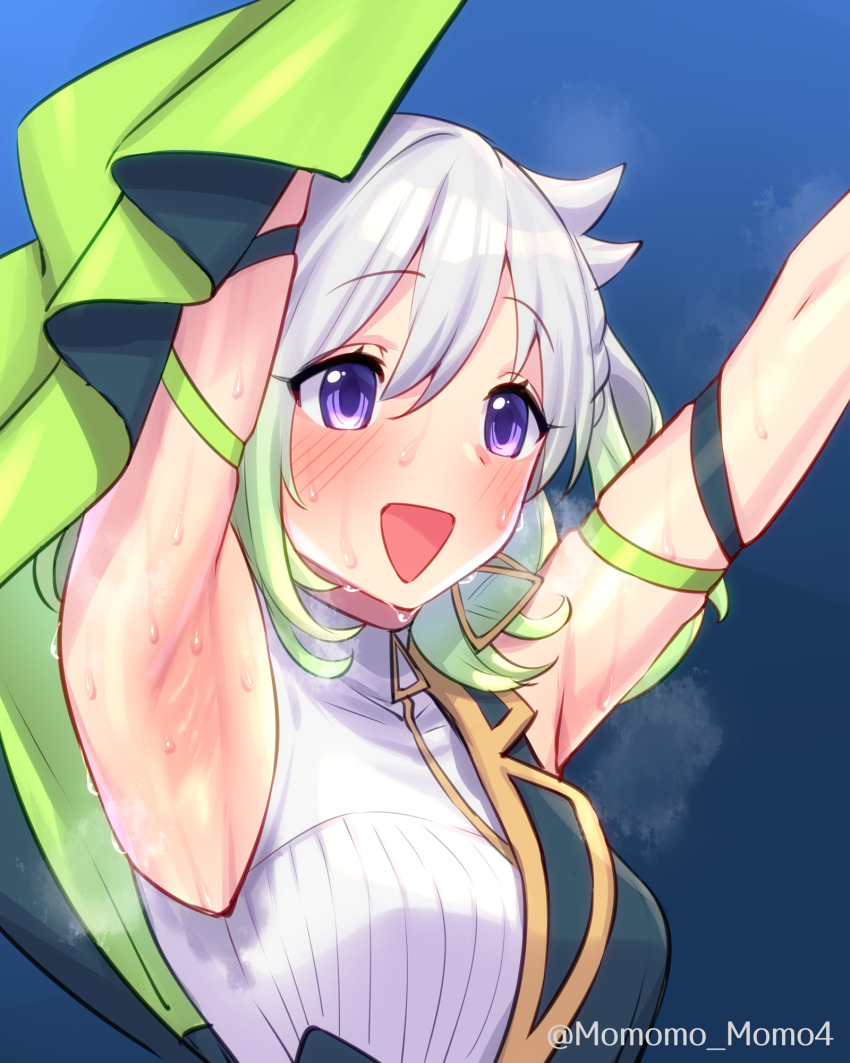 1girl, armband, armpits, arms_up, blue_background, blush, breasts, dress, eyelashes, hair_between_eyes, highres, medium_breasts, open_mouth, outstretched_arms, purple_eyes, sidelocks, sleeveless, smile, stained_clothes, steam, steaming_body, sweat, sweaty_clothes, twitter_username, upper_body, virtual_youtuber, white_hair, yoshiwa_tomo, yuni_(yuni_channel), yuni_channel