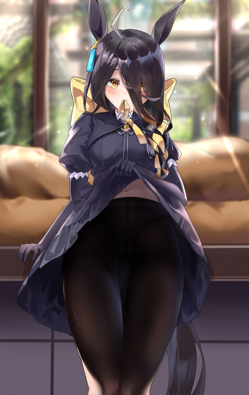 1girl, absurdres, ahoge, animal_ears, black_hair, black_panties, black_pantyhose, blush