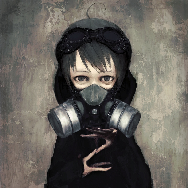 1girl, ahoge, bad_id, bad_pixiv_id, black_eyes, black_hair, female_focus, gas_mask, goggles, mask, original, respirator, solo, yasushi