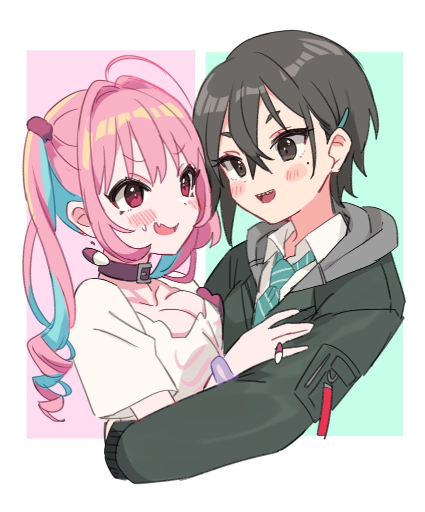 2girls, ahoge, black_hair, black_jacket, blush_stickers, breast_press, breasts, cleavage