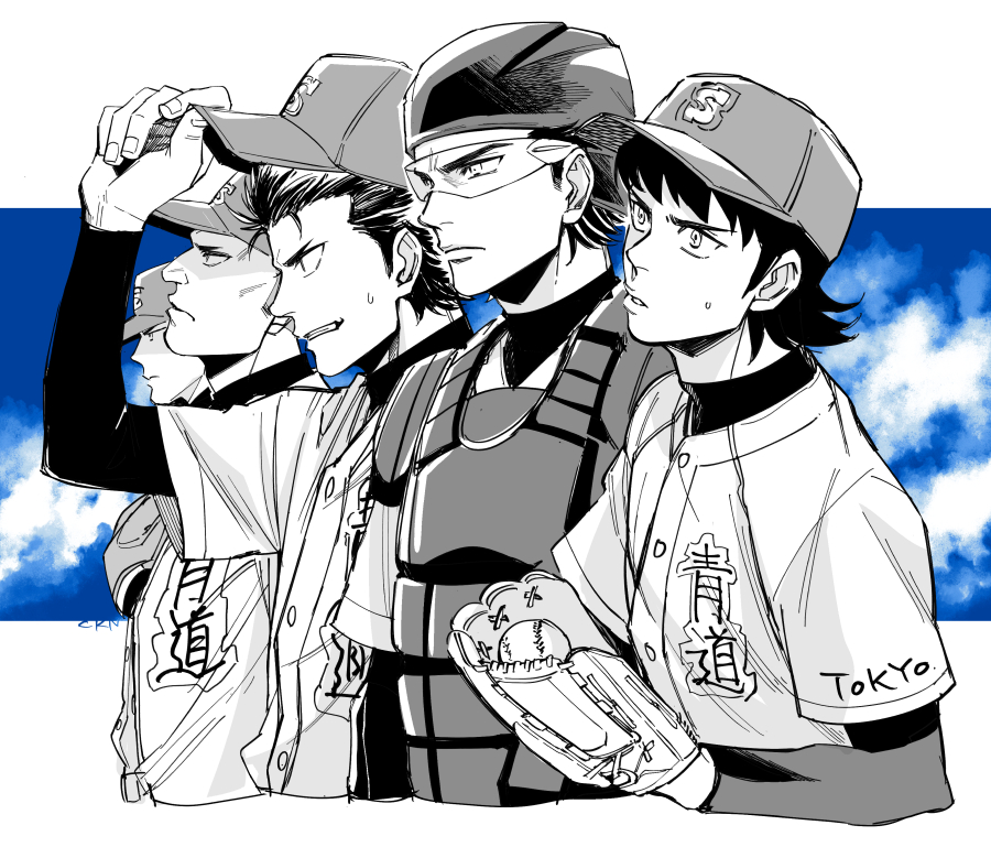 5boys, ace_of_diamond, baseball, baseball_cap, baseball_glove, baseball_helmet, baseball_uniform, black_hair