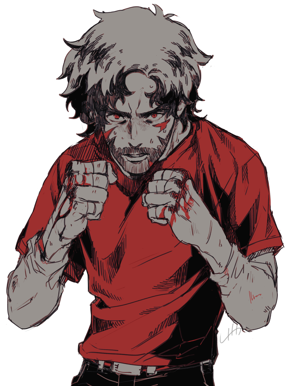 1boy, belt, blood, blood_on_hands, egg_(cknlun), fighting_stance, highres, joe_(megalo_box)