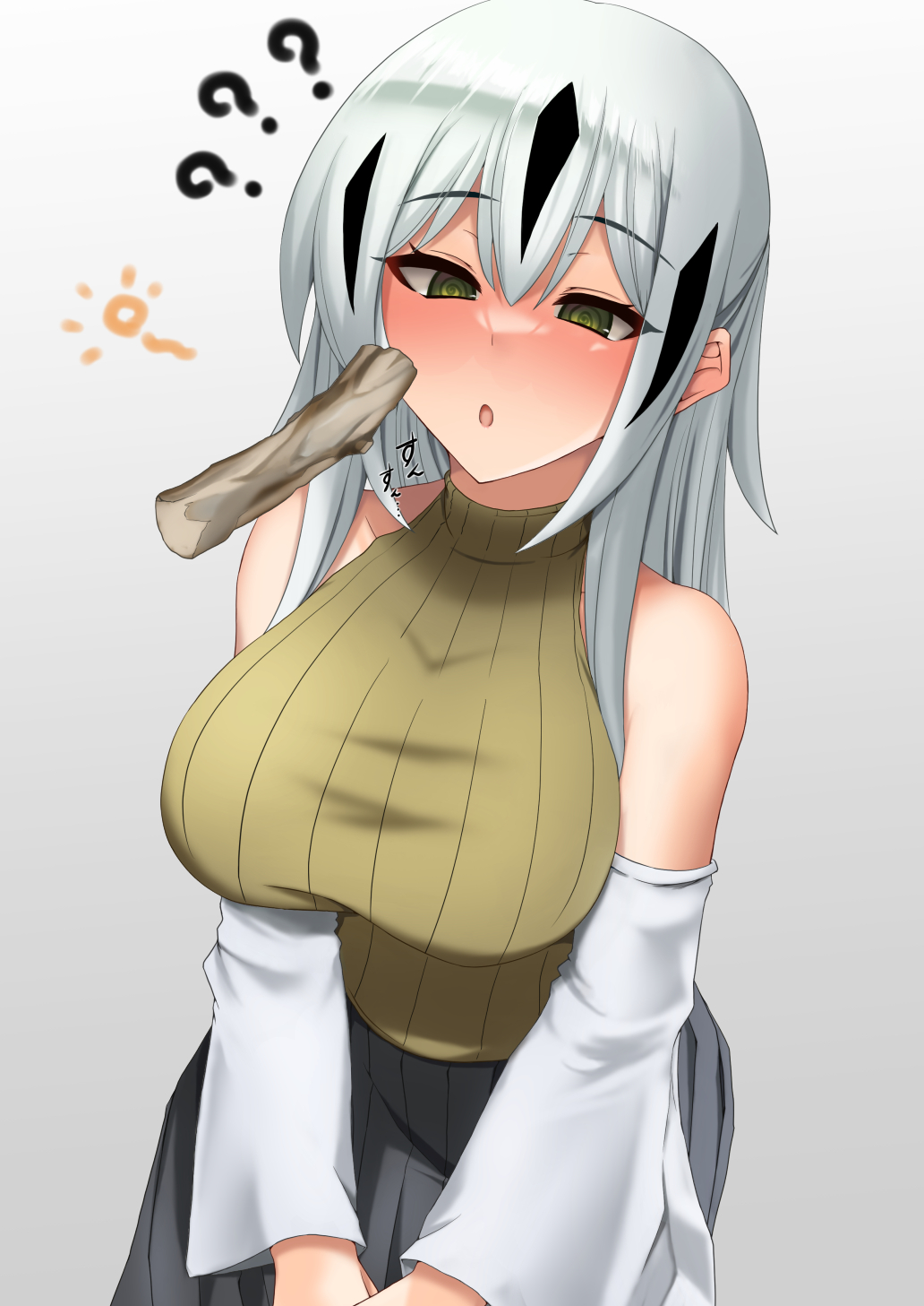 1girl, ?, ??, @_@, alternate_costume, breasts, detached_sleeves, fate/grand_order, fate_(series), gradient_background, green_eyes, highres, large_breasts, long_hair, matatabi_(flower), nagao_kagetora_(fate), sawatarou_(roto), sleeveless, sleeveless_turtleneck, turtleneck, white_hair