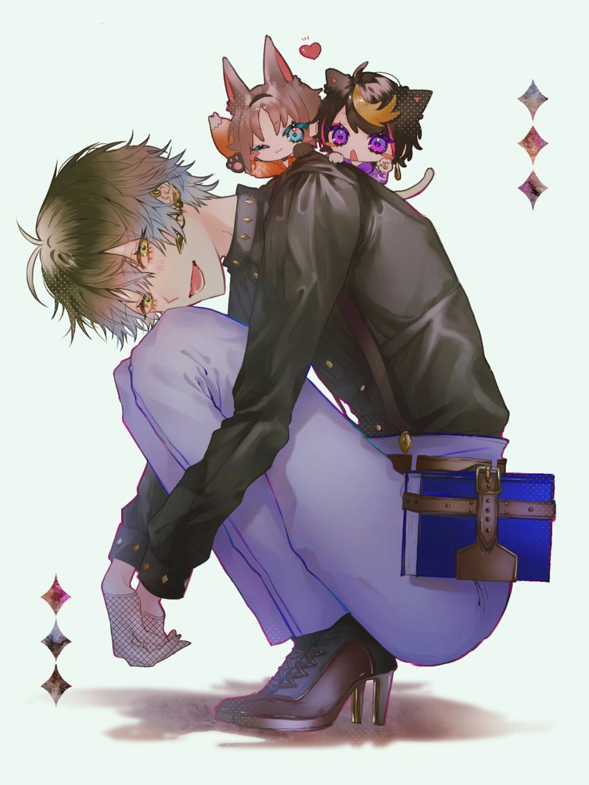 3boys, ahoge, animal_ears, belt, black_collar, black_footwear, black_gloves, black_hair, black_headband, black_shirt, blonde_hair, blue_eyes, blue_hair, book, brown_belt, brown_hair, cat_ears, cat_tail, chibi, collar, collared_shirt, earrings, fabnuu, fishnet_gloves, fishnets, fox_ears, fox_tail, gloves, green_eyes, head_tilt, headband, high_heels, highres, ike_eveland, ike_eveland_(1st_costume), jewelry, kemonomimi_mode, long_sleeves, looking_at_viewer, lower_teeth_only, male_focus, multicolored_hair, multiple_boys, mysta_rias, nijisanji, nijisanji_en, no_eyewear, open_collar, open_mouth, orange_shirt, pants, pink_hair, purple_eyes, purple_shirt, shirt, short_hair, shu_yamino, simple_background, squatting, suspenders, tail, teeth, turtleneck, virtual_youtuber, white_pants