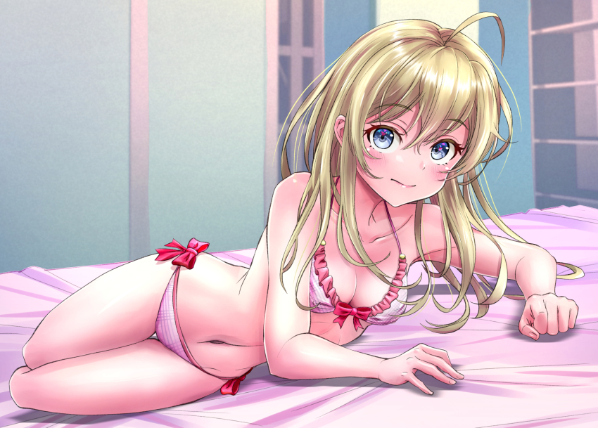 1girl, ahoge, bare_arms, bare_legs, bed_sheet, bedroom, bikini, blonde_hair