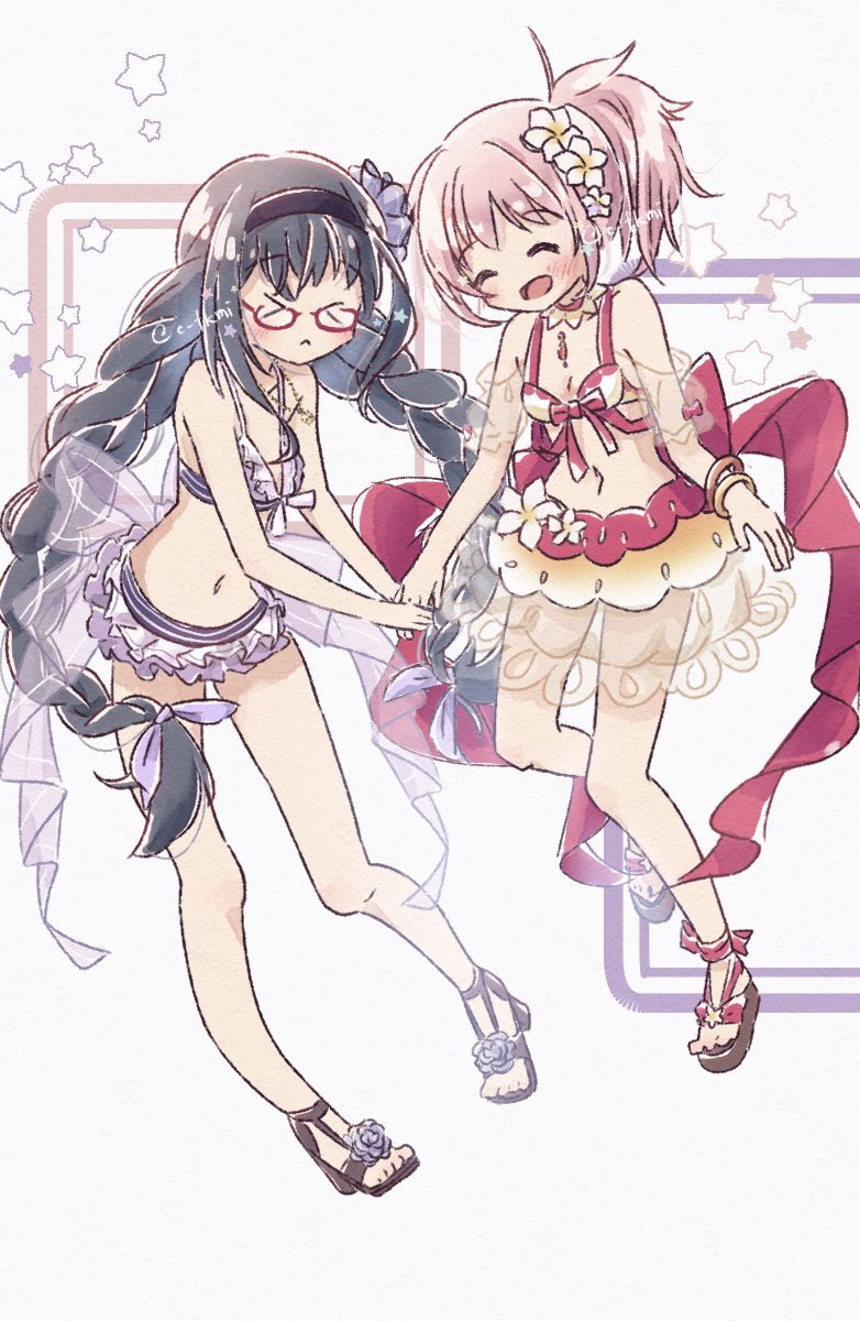 >_<, 2girls, :d, akemi_homura, akemi_homura_(swimsuit_ver.), arms_at_sides, bare_arms, bare_legs, bikini, bikini_skirt, black_hair, black_hairband, bracelet, braid, brown_footwear, chest_jewel, choker, chokokuro, closed_eyes, closed_mouth, flower, frilled_bikini, frills, front-tie_bikini_top, front-tie_top, full_body, glasses, hair_flower, hair_ornament, hair_ribbon, hairband, high_heel_sandals, high_heels, highres, holding_hands, jewelry, kaname_madoka, kaname_madoka_(swimsuit_ver.), leg_up, long_hair, magia_record:_mahou_shoujo_madoka_magica_gaiden, mahou_shoujo_madoka_magica, multicolored_bikini, multiple_girls, navel, necklace, official_alternate_costume, open_mouth, pigeon-toed, pink_hair, platform_footwear, purple_bikini, purple_flower, purple_ribbon, red-framed_eyewear, red_bikini, red_choker, ribbon, sandals, see-through_clothes, see-through_skirt, short_hair, side_ponytail, sidelocks, simple_background, skirt, smile, spaghetti_strap, star_(symbol), swimsuit, twin_braids, twintails, two-tone_bikini, two-tone_choker, very_long_hair, white_background, white_flower, yellow_bikini, yellow_choker