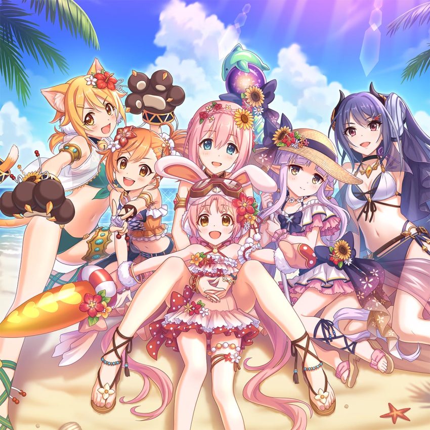 6+girls, album_cover, animal_ear_fluff, animal_ears, animal_hands, animal_hat, ankle_lace-up, anklet, armlet, bare_shoulders, barefoot_sandals_(jewelry), beach, bell, belt, bikini, bikini_skirt, blonde_hair, blue_eyes, blue_sky, blush, bow, bracelet, braid, breasts, brown_eyes, capelet, cat_ears, cat_girl, cat_paws, cat_tail, choker, cleavage, cloud, cloudy_sky, collarbone, cover, curled_horns, day, demon_horns, dress, fake_animal_ears, fingerless_gloves, flat_chest, flower, frilled_bikini, frills, gloves, hair_between_eyes, hair_bow, hair_flower, hair_ornament, hairband, hairclip, halterneck, hat, hat_flower, highres, hiyori_(princess_connect!), hiyori_(summer)_(princess_connect!), holding, horizon, horns, jewelry, kyoka_(princess_connect!), kyoka_(summer)_(princess_connect!), leaf, lens_flare, long_hair, looking_at_viewer, medium_breasts, midriff, mimi_(princess_connect!), mimi_(summer)_(princess_connect!), misogi_(princess_connect!), misogi_(summer)_(princess_connect!), multiple_girls, navel, neck_bell, ocean, off_shoulder, official_art, open_mouth, orange_hair, outdoors, palm_leaf, parted_bangs, paw_gloves, pink_hair, plant, pleated_skirt, pointy_ears, ponytail, princess_connect!, purple_hair, rabbit_ears, rabbit_girl, rabbit_hat, rei_(princess_connect!), rei_(summer)_(princess_connect!), revealing_clothes, sand, sandals, sarong, seashell, shell, shoes, shore, short_hair, short_twintails, side_ponytail, sidelocks, sitting, skirt, sky, small_breasts, smile, star_(symbol), starfish, straw_hat, summer, sun_hat, sunflower, sunflower_hair_ornament, sunlight, swimsuit, tail, tail_ornament, thigh_strap, toes, twintails, underboob, very_long_hair, water, white_flower, yellow_eyes, yellow_flower, yui_(princess_connect!), yui_(summer)_(princess_connect!)