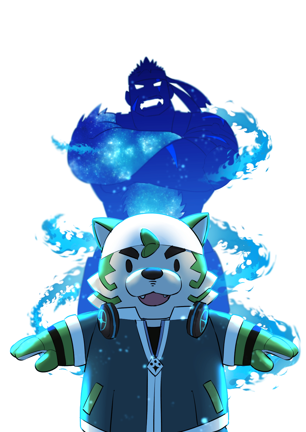 2boys, angry, animal_ears, bara, behind_another, blue_fire, collared_jacket, commentary_request