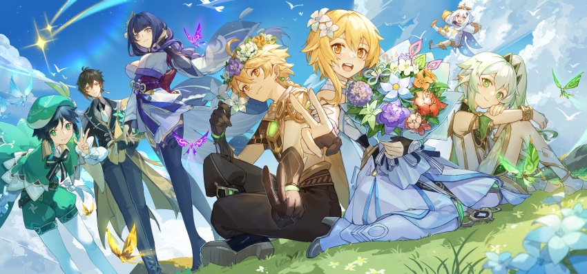 3boys, 4girls, :d, absurdres, aether_(genshin_impact), ahoge, anniversary, antenna_hair, aqua_hair, argyle_clothes, argyle_legwear, bangle, bent_over, beret, black_gloves, black_pants, blonde_hair, blue_cape, blue_sky, blush, boots, bouquet, bracelet, braid, brother_and_sister, brown_corset, brown_hair, brown_vest, cape, cecilia_flower_(genshin_impact), closed_mouth, collared_cape, colored_tips, corset, crystalfly_(genshin_impact), detached_sleeves, dress, earrings, floating, flower, flower_wreath, formal_clothes, genshin_impact, glaze_lily, gloves, green_cape, green_eyes, green_hair, green_headwear, green_shorts, hair_flower, hair_ornament, happy, hat, hat_flower, highres, holding, holding_bouquet, jewelry, kotatsu_kaya, long_hair, long_sleeves, looking_at_viewer, low-braided_long_hair, low-tied_long_hair, lumine_(genshin_impact), multicolored_hair, multiple_boys, multiple_girls, nahida_(genshin_impact), naku_weed, necktie, obi, obiage, obijime, open_mouth, paimon_(genshin_impact), pants, partially_fingerless_gloves, pointy_ears, puffy_long_sleeves, puffy_sleeves, purple_eyes, purple_hair, qingxin_flower, raiden_shogun, sash, scarf, shooting_star, short_shorts, shorts, shrug_(clothing), siblings, side_ponytail, sidelocks, silk_flower_(genshin_impact), single_earring, single_thighhigh, sitting, sky, smile, standing, stirrup_legwear, sumeru_rose_(genshin_impact), tassel, tassel_earrings, teeth, thighhighs, thighhighs_under_boots, toeless_legwear, twin_braids, upper_teeth_only, v, venti_(genshin_impact), vest, wariza, white_dress, white_hair, white_necktie, white_scarf, white_thighhighs, wide_sleeves, windwheel_aster_(genshin_impact), yellow_eyes, zettai_ryouiki, zhongli_(genshin_impact)