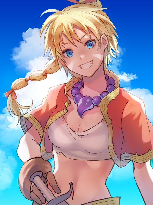 1girl, bandages, blonde_hair, blue_eyes, breasts, chrono_cross, cleavage, cloud, crop_top, facial_mark, gloves, high_ponytail, jewelry, kid_(chrono_cross), knife, long_hair, looking_at_viewer, midriff, multi-tied_hair, navel, necklace, ponytail, smile, solo, souyou26, vest