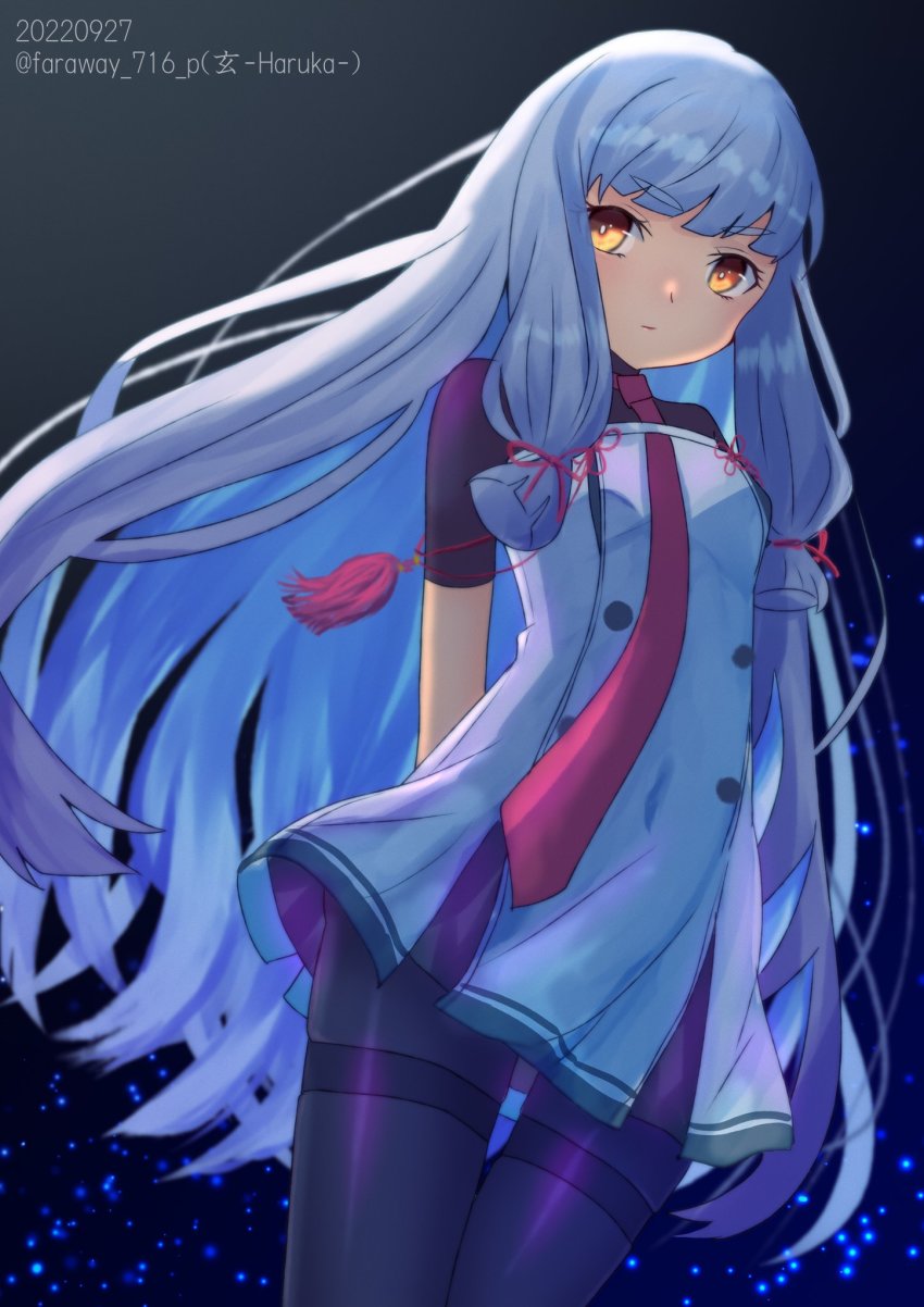 1girl, arms_behind_back, black_pantyhose, blush, closed_mouth, cowboy_shot, dated, dress