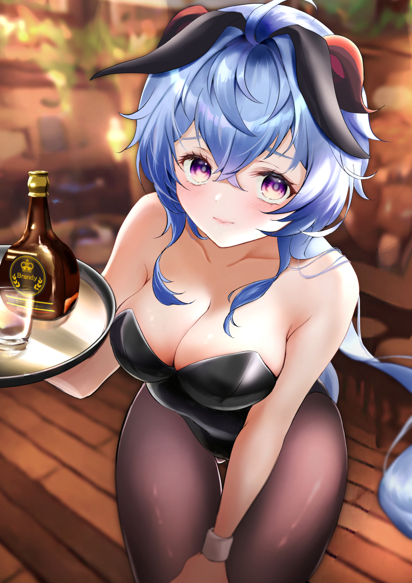 1girl, absurdres, ahoge, alcohol, animal_ears, blue_hair, blush, breasts