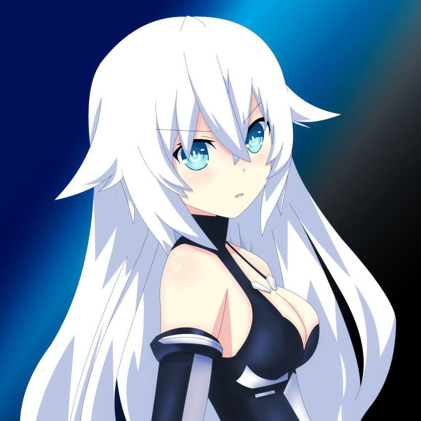 bare_shoulders, black_heart_(neptunia), blue_background, bodysuit, breasts, cleavage, green_eyes, highres
