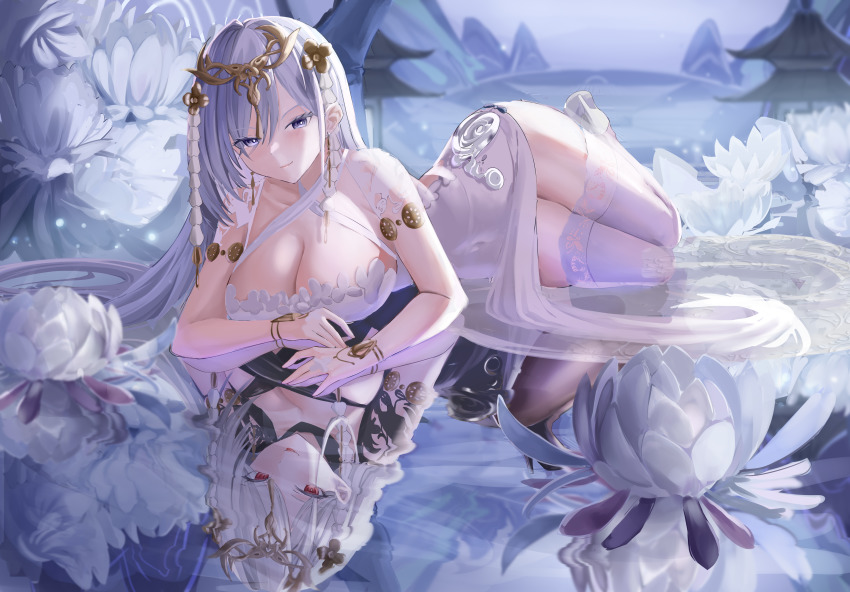 2girls, absurdres, azur_lane, black_pantyhose, breasts, cleavage, criss-cross_halter, different_reflection