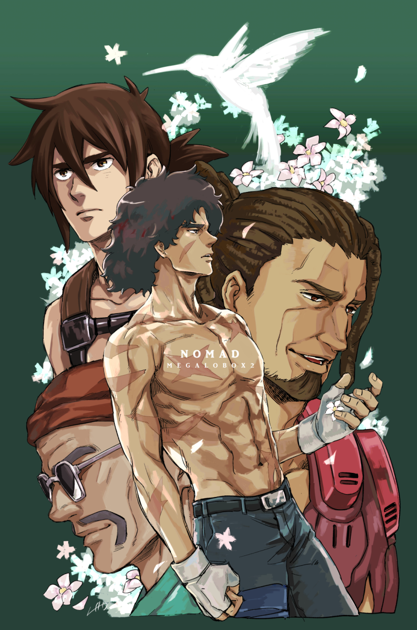 4boys, abs, beard, belt, bird, black_pants, brown_eyes, brown_hair, chief_(megalo_box), clenched_hand, collarbone, copyright_name, dark-skinned_male, dark_skin, dreadlocks, egg_(cknlun), facial_hair, facial_scar, fingerless_gloves, flower, gloves, green_background, hair_between_eyes, highres, hummingbird, joe_(megalo_box), male_focus, megalobox, multiple_boys, mustache, nanbu_gansatsu, navel, pants, petals, sachio_(megalo_box), scar, scar_on_arm, scar_on_cheek, scar_on_chest, scar_on_face, scars_all_over, toned, toned_male, too_many, topless_male