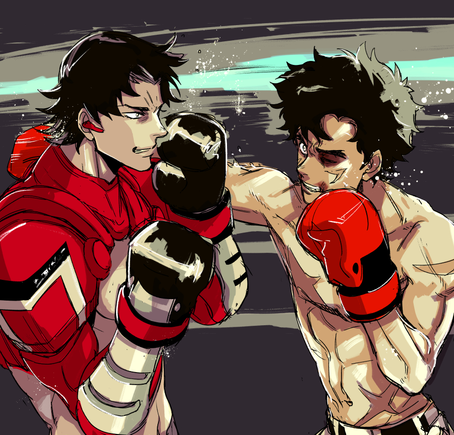 2boys, black_hair, boxing, boxing_gloves, bruise, bruised_eye, earpiece, egg_(cknlun)