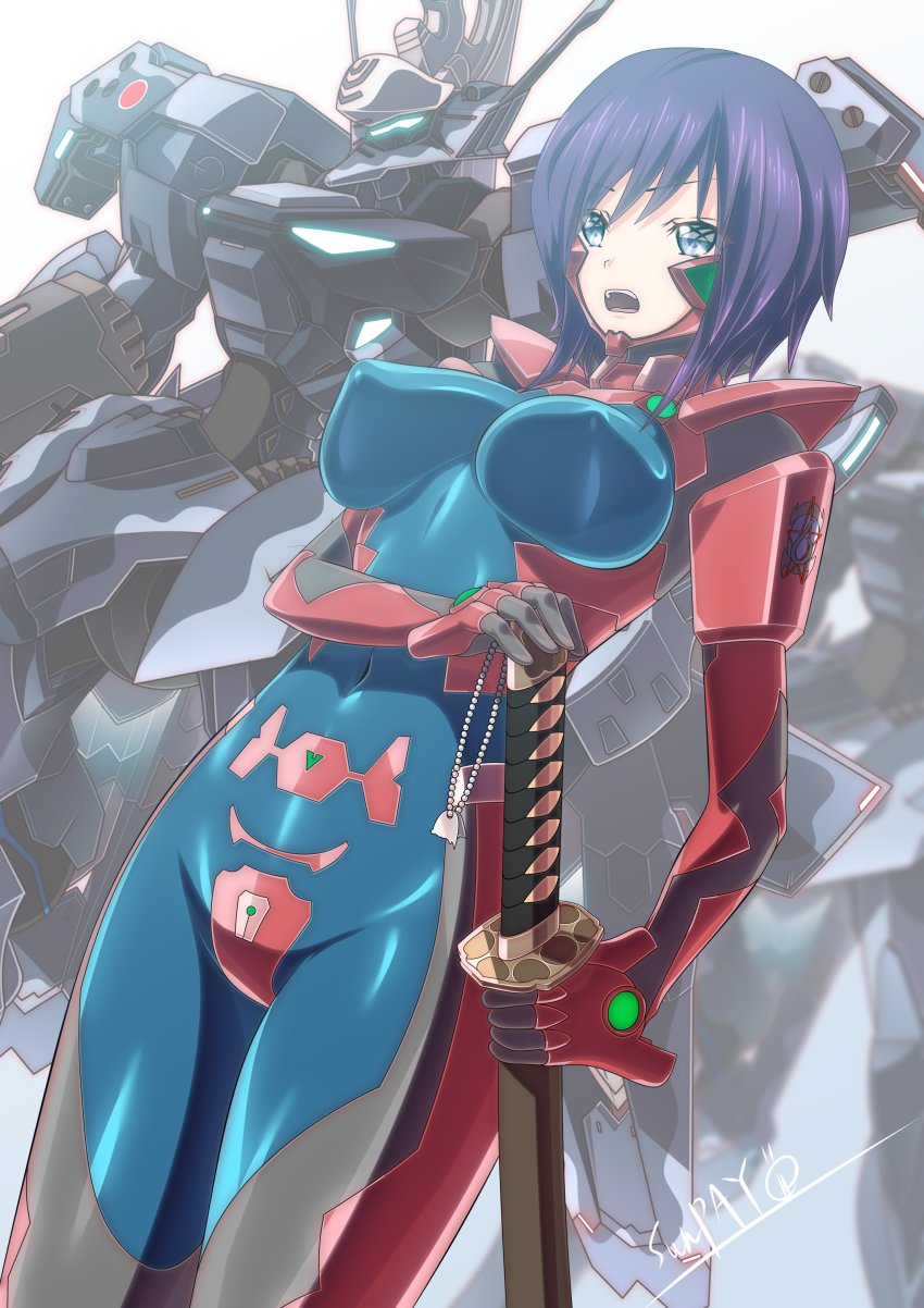 1girl, absurdres, assault_visor, blue_bodysuit, blue_eyes, bodysuit, commission, covered_erect_nipples