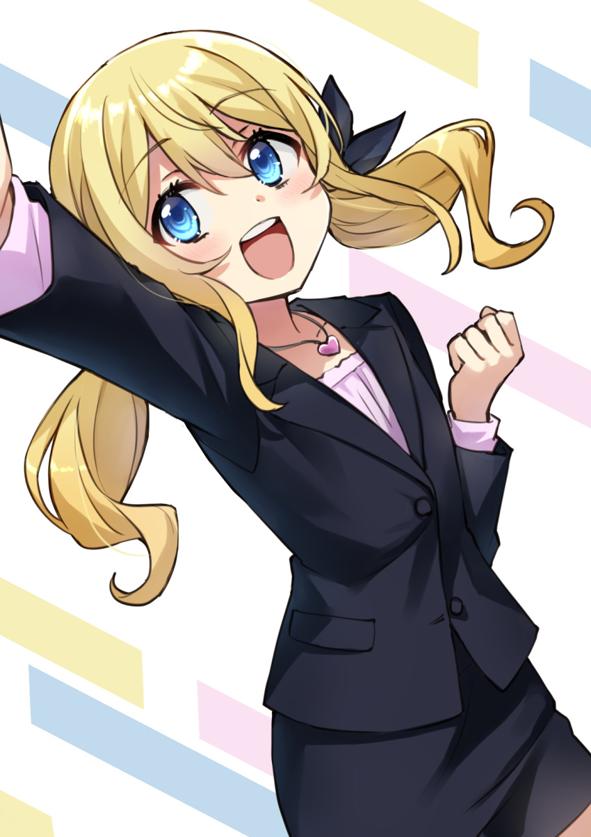 1girl, :d, arm_up, black_jacket, black_ribbon, black_skirt, blonde_hair, blue_eyes