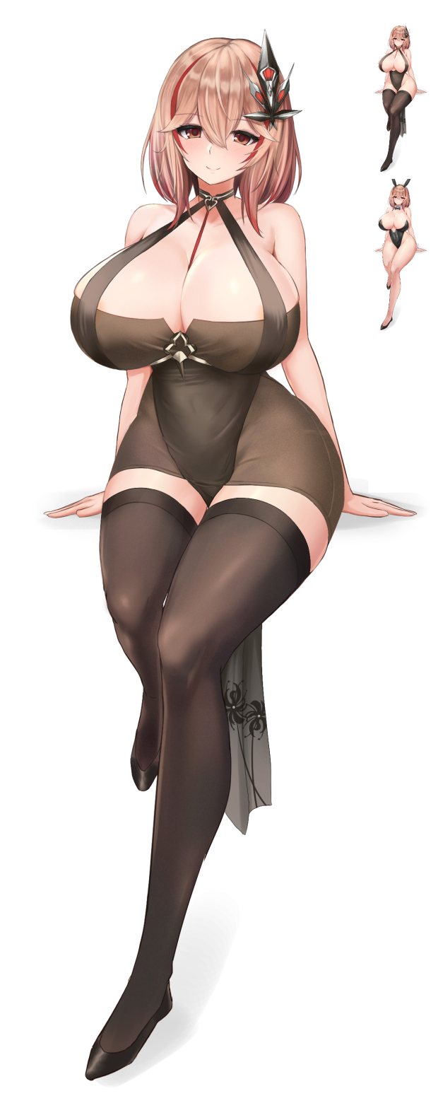 1girl, alternate_breast_size, animal_ears, azur_lane, between_breasts, black_footwear, black_leotard, breasts, brown_dress, brown_thighhighs, center_opening, cleavage, dress, fake_animal_ears, full_body, hair_ornament, halter_dress, halterneck, highres, huge_breasts, leotard, light_brown_hair, looking_at_viewer, medium_hair, multicolored_hair, multiple_views, nontraditional_playboy_bunny, official_alternate_costume, rabbit_ears, red_hair, roon_(azur_lane), roon_(viridescent_lullaby)_(azur_lane), sayashi_(type5_labyrith), shoes, simple_background, strap_between_breasts, strapless, strapless_leotard, streaked_hair, thighhighs, thighs, tight_clothes, tight_dress, two-tone_hair, white_background, zettai_ryouiki
