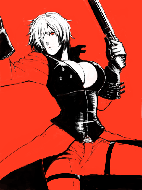 1girl, bad_id, bad_pixiv_id, breasts, capcom, cleavage, dante, dante_(devil_may_cry), devil_may_cry_(series), ebony_(devil_may_cry), female_focus, gender_request, genderswap, gloves, gun, handgun, ivory_(devil_may_cry), large_breasts, m1911, red_eyes, short_hair, solo, tachibana_amane_(amane01a), weapon, white_hair