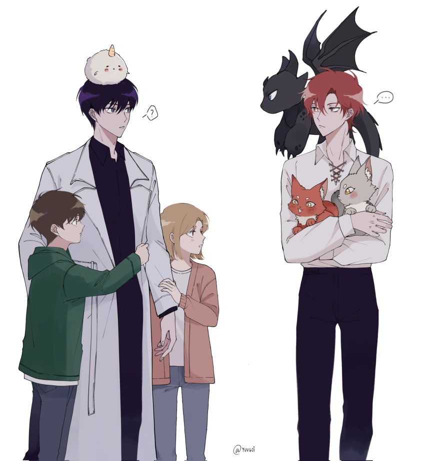 ..., 3boys, ?, animal, black_hair, black_pants, black_shirt, blonde_hair, brown_eyes, brown_hair, cale_henituse, child, closed_mouth, coat, collarbone, commentary, cross-laced_clothes, crossover, dragon, english_commentary, green_hoodie, grey_pants, highres, holding, holding_animal, hood, hood_down, hoodie, hug, jacket, kim_dokja, lee_gilyoung, long_sleeves, looking_at_another, lout_of_count's_family, multiple_boys, omniscient_reader's_viewpoint, open_mouth, pants, pink_jacket, red_hair, shin_yoosung, shirt, short_hair, simple_background, spoken_ellipsis, spoken_question_mark, standing, white_background, white_coat, white_shirt, yuugji