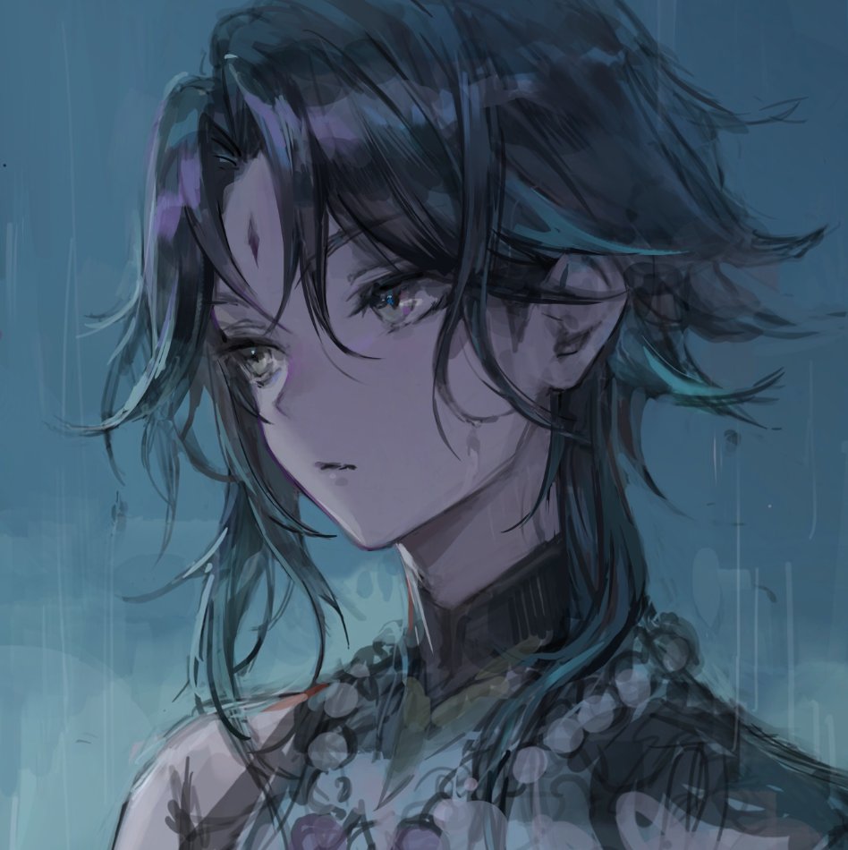 1boy, aamoooon_e, closed_mouth, genshin_impact, green_hair, looking_to_the_side, rain, solo