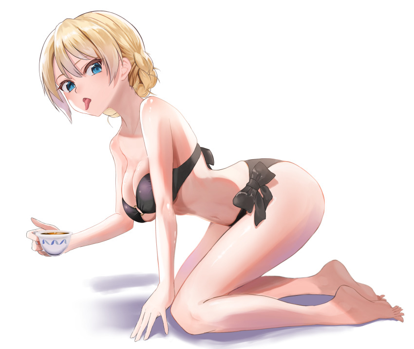 1girl, absurdres, all_fours, bikini, black_bikini, blonde_hair, blue_eyes, braid