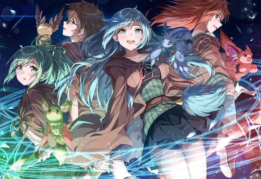 4girls, aussa_(yu-gi-oh!), aussa_the_earth_charmer, aussa_the_earth_charmer_immovable, belt, blue_eyes, blue_hair, boots, breasts, brown_eyes, brown_hair, collarbone, duel_monster, eria_(yu-gi-oh!), eria_the_water_charmer, eria_the_water_charmer_gentle, glasses, green_eyes, green_hair, highres, hiita, hiita_(yu-gi-oh!), hiita_the_fire_charmer, hiita_the_fire_charmer_ablaze, hood, hood_down, long_hair, long_sleeves, multiple_girls, narumi_nanami, open_mouth, pom_pom_(clothes), ponytail, red_eyes, red_hair, ribbed_sweater, short_hair, skirt, sweater, wide_sleeves, wynn_(yu-gi-oh!), wynn_the_wind_charmer, wynn_the_wind_charmer_verdant, yu-gi-oh!