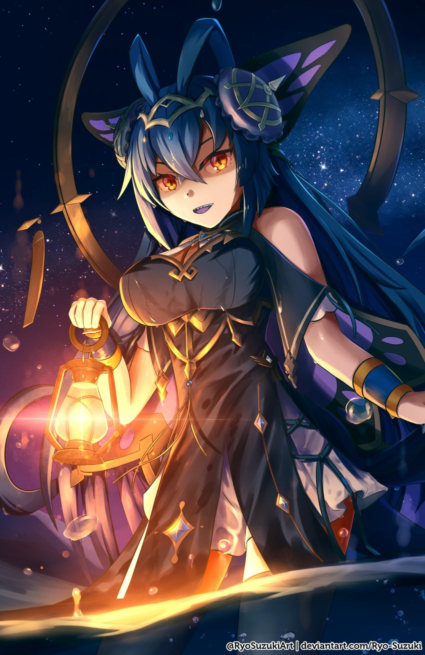 absurdres, antenna_hair, bare_shoulders, black_dress, blue_hair, breasts, butterfly_hair_ornament, cleavage_cutout, clothing_cutout, crown, dragalia_lost, dress, from_below, hair_ornament, halo, highres, holding, holding_lantern, lantern, large_breasts, light_smile, long_hair, looking_at_viewer, night, origa_(dragalia_lost), pelvic_curtain, ryo_suzuki, sharp_teeth, sky, star_(sky), teeth, thighhighs, thighs, very_long_hair, watermark, wrist_cuffs, yellow_eyes