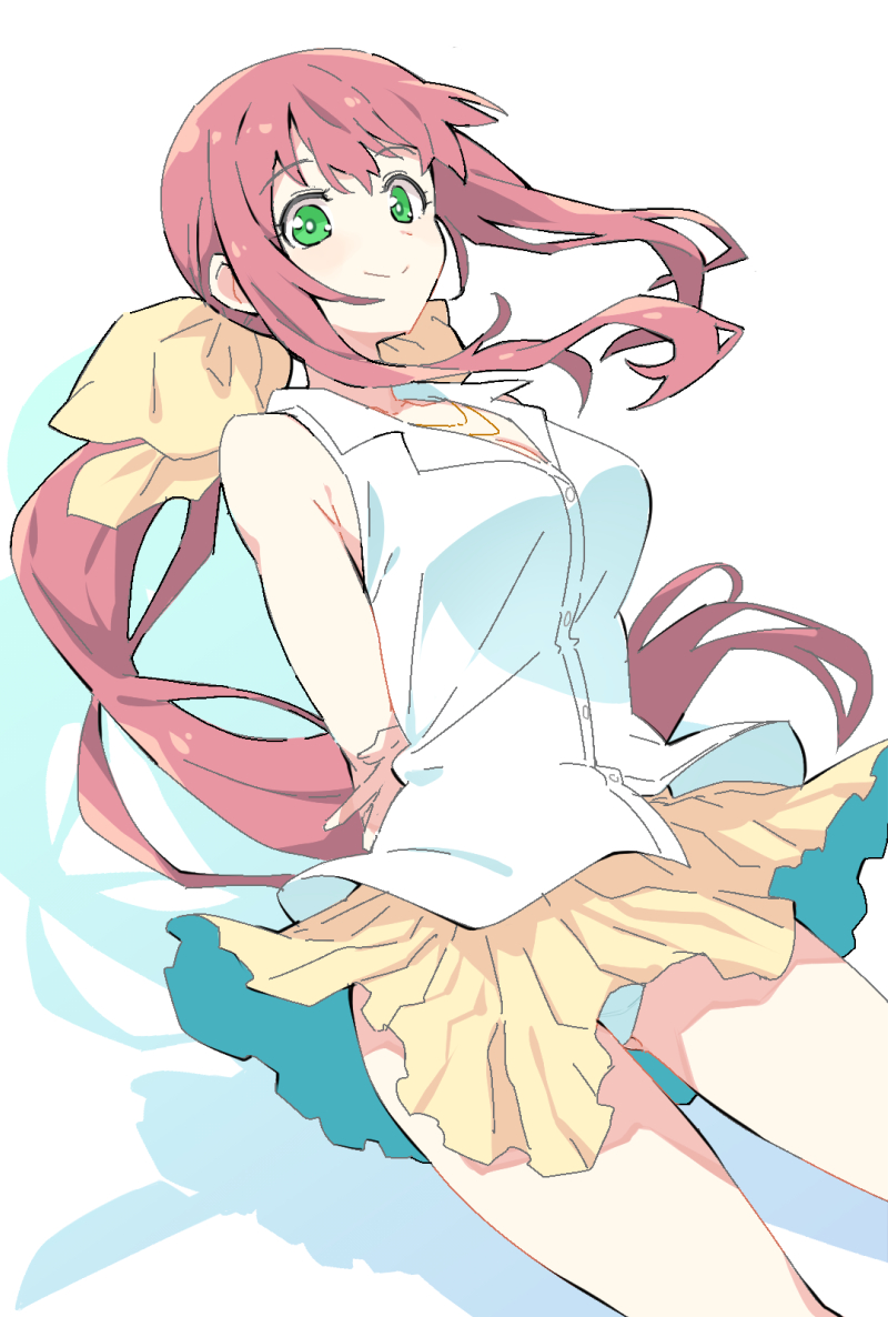 1girl, akasaka_mitsuki, arms_behind_back, bare_shoulders, breasts, bright_pupils, cleavage, closed_mouth