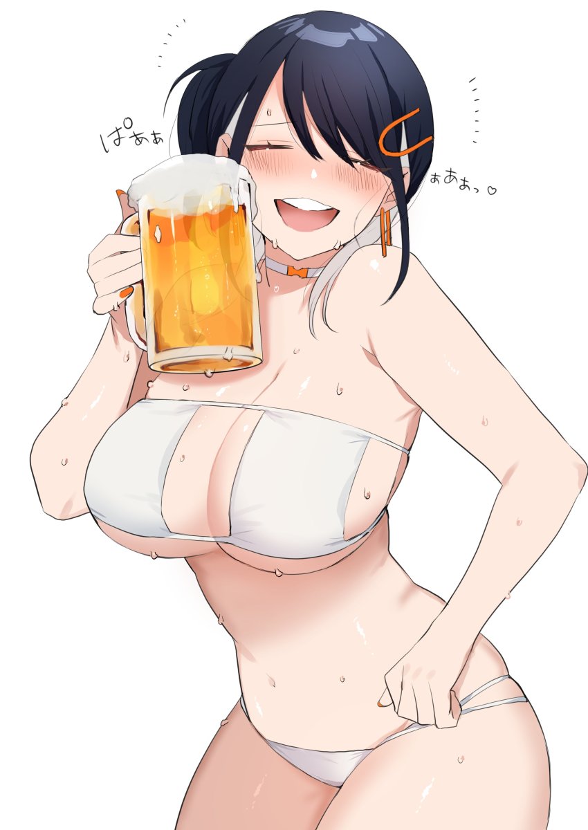 1girl, absurdres, alcohol, bare_shoulders, beer, beer_mug, bikini, black_hair