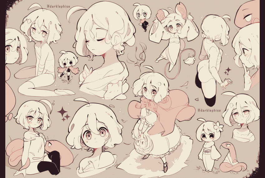 1girl, animal_ears, bandages, bare_shoulders, black_thighhighs, darklephise, highres, japanese_clothes, kimono, little_red_riding_hood_(fairy_tale), mouse_ears, multiple_views, sitting, standing, thighhighs, wariza