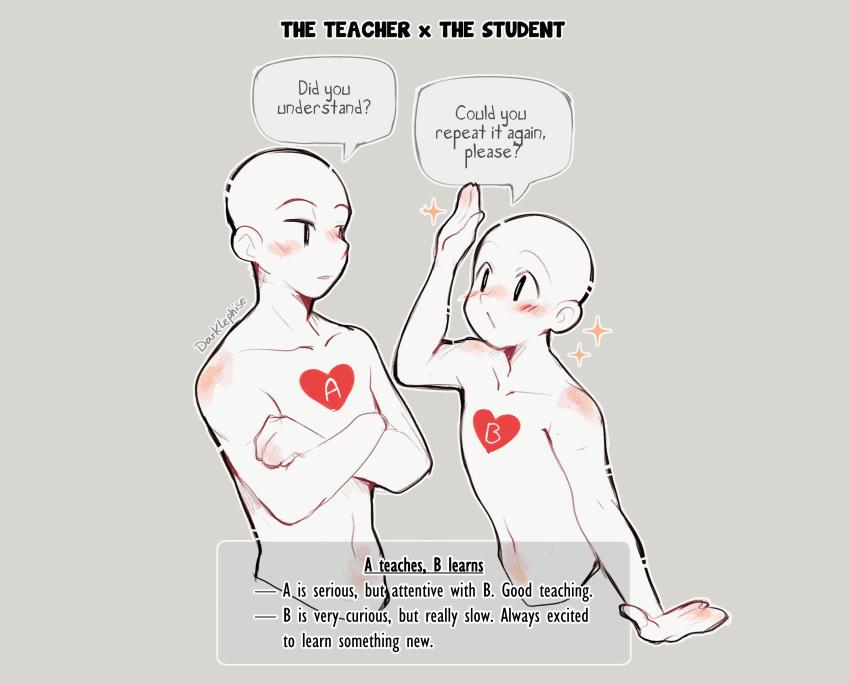 1boy, 1girl, absurdres, darklephise, english_text, grey_background, highres, looking_at_another