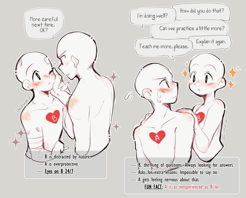 1boy, 1girl, absurdres, bandages, blush, darklephise, english_text, grey_background
