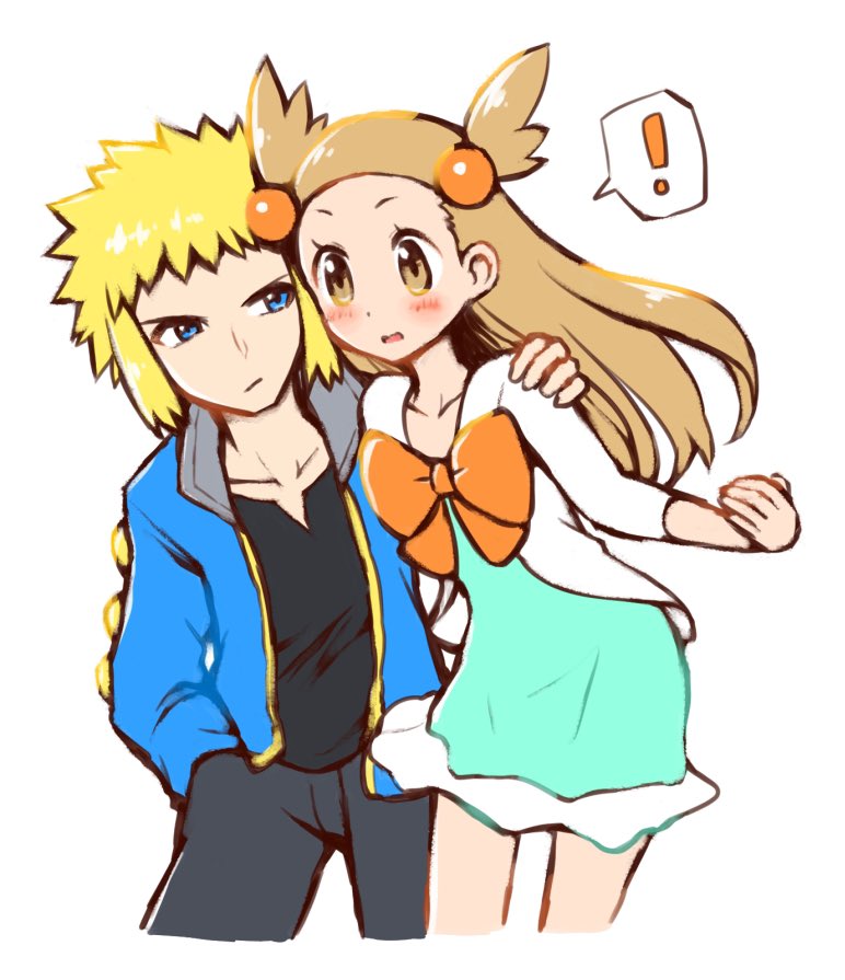 !, 1boy, 1girl, blonde_hair, blue_eyes, blush, brown_eyes, collarbone