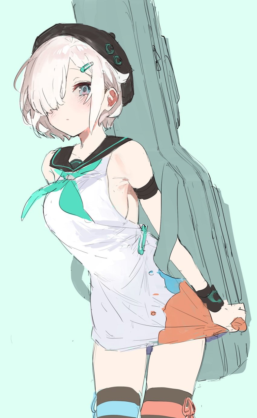 1girl, aqua_neckerchief, armband, black_hat, blue_background, blue_eyes, breasts, clothes_pull, denonbu, dohyo123123, dress, guitar_case, hair_ornament, hair_over_one_eye, hairclip, hat, highres, instrument_case, minakami_hina, neckerchief, shirt_pull, sideboob, sketch, small_breasts, solo, standing, thighhighs, white_dress, white_hair, wristband