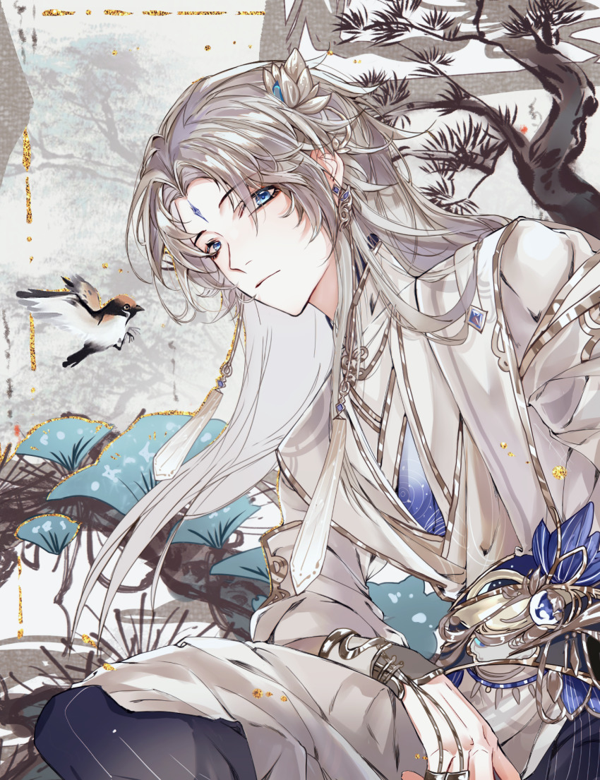 1boy, bird, blue_eyes, chinese_clothes, dress, facial_mark, forehead_mark, hanfu, highres, hua_yi_shanxin_zhiyue, ling_xi, long_hair, looking_at_viewer, luludeer386, male_focus, white_dress, white_hair, wide_sleeves