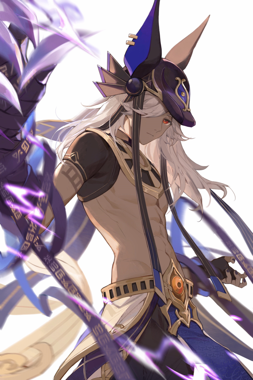 1boy, abs, absurdres, animal_ears, animal_hat, arabian_clothes, belt, black_gloves