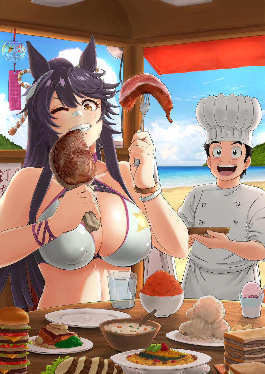 1boy, 1girl, alternate_costume, animal_ears, bandaid, bandaid_on_face, beach, bikini