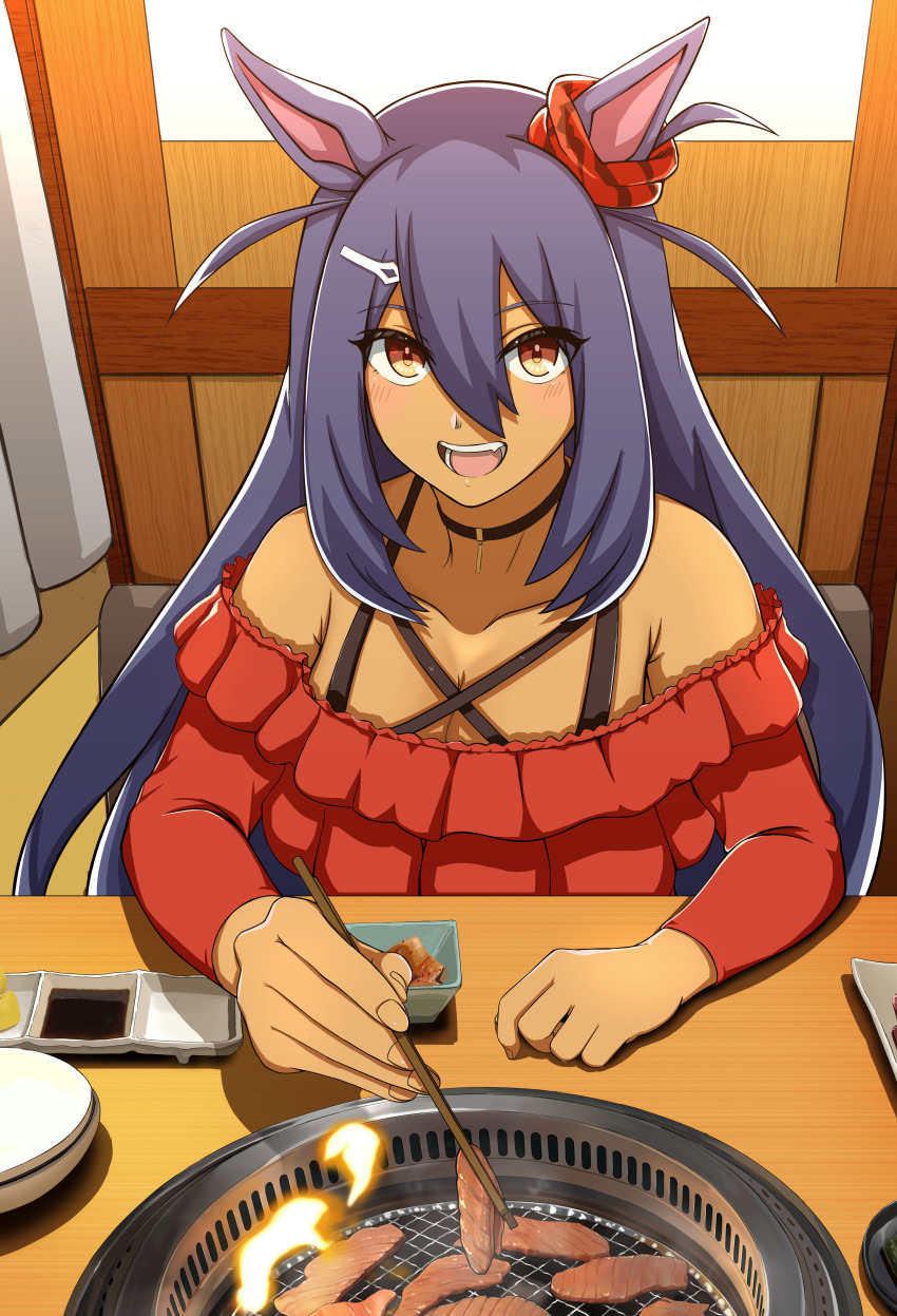 1girl, absurdres, animal_ears, bare_shoulders, black_hair, blonde_hair, choker, chopsticks, commentary_request, dark-skinned_female, dark_skin, ear_ornament, hair_ornament, hairclip, highres, hishi_amazon_(umamusume), holding, holding_chopsticks, horse_ears, horse_girl, kantou_rengou, long_hair, looking_at_viewer, off_shoulder, open_mouth, red_skirt, sitting, skirt, smile, solo, teeth, twintails, umamusume, very_long_hair, yakiniku