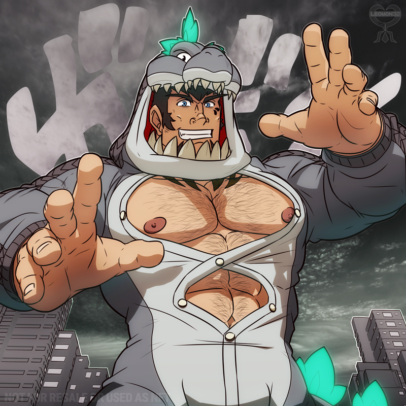 1boy, abs, antonio_(gyee), artist_logo, artist_name, bara, beard, building