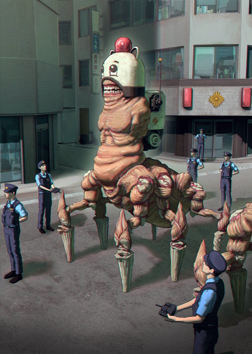 6+boys, arms_behind_back, backpack, bag, black_headwear, black_pants, black_vest, blue_shirt