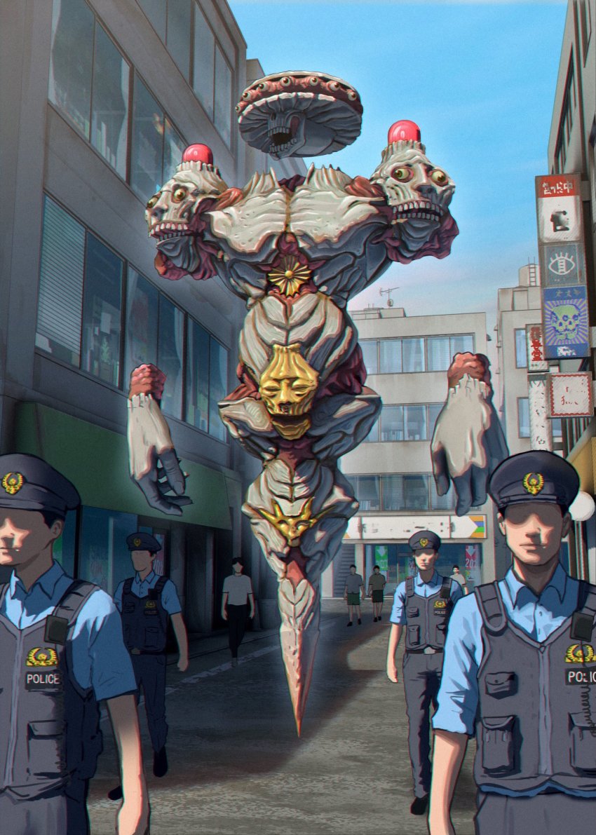 6+boys, black_headwear, black_vest, blue_shirt, building, chromatic_aberration, city, commentary