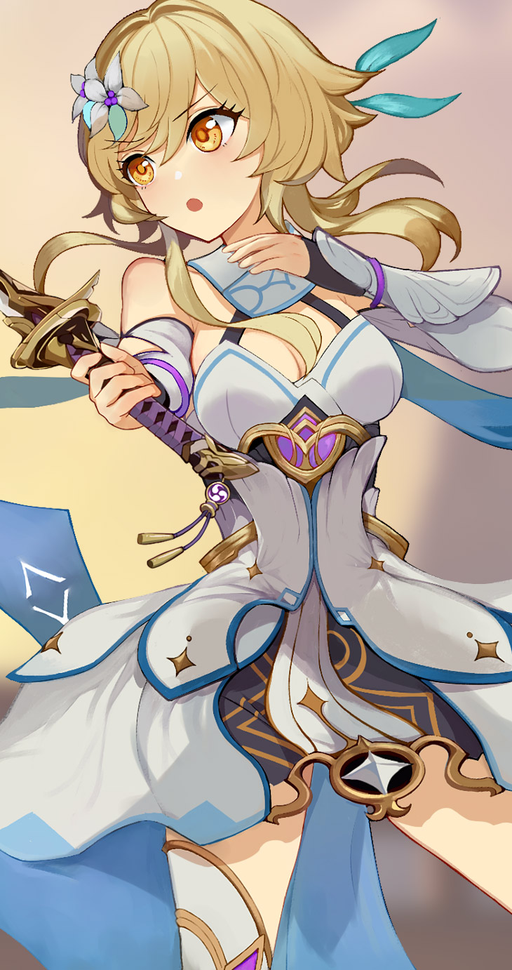 1girl, amenoma_kageuchi_(genshin_impact), bare_shoulders, blonde_hair, blush, breasts, cleavage, commentary_request