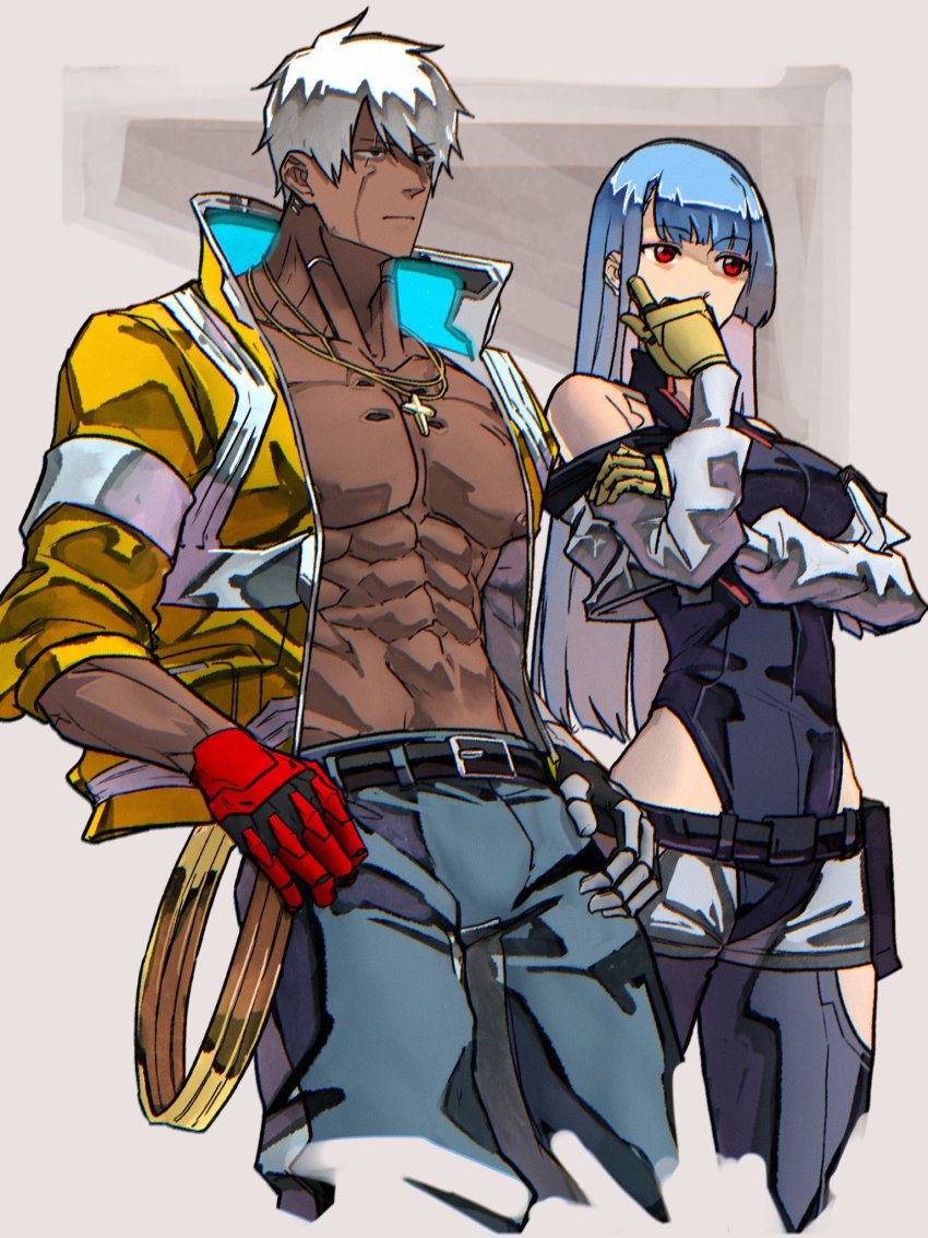 1boy, 1girl, abs, alternate_costume, bare_shoulders, belt, black_leotard, blue_hair