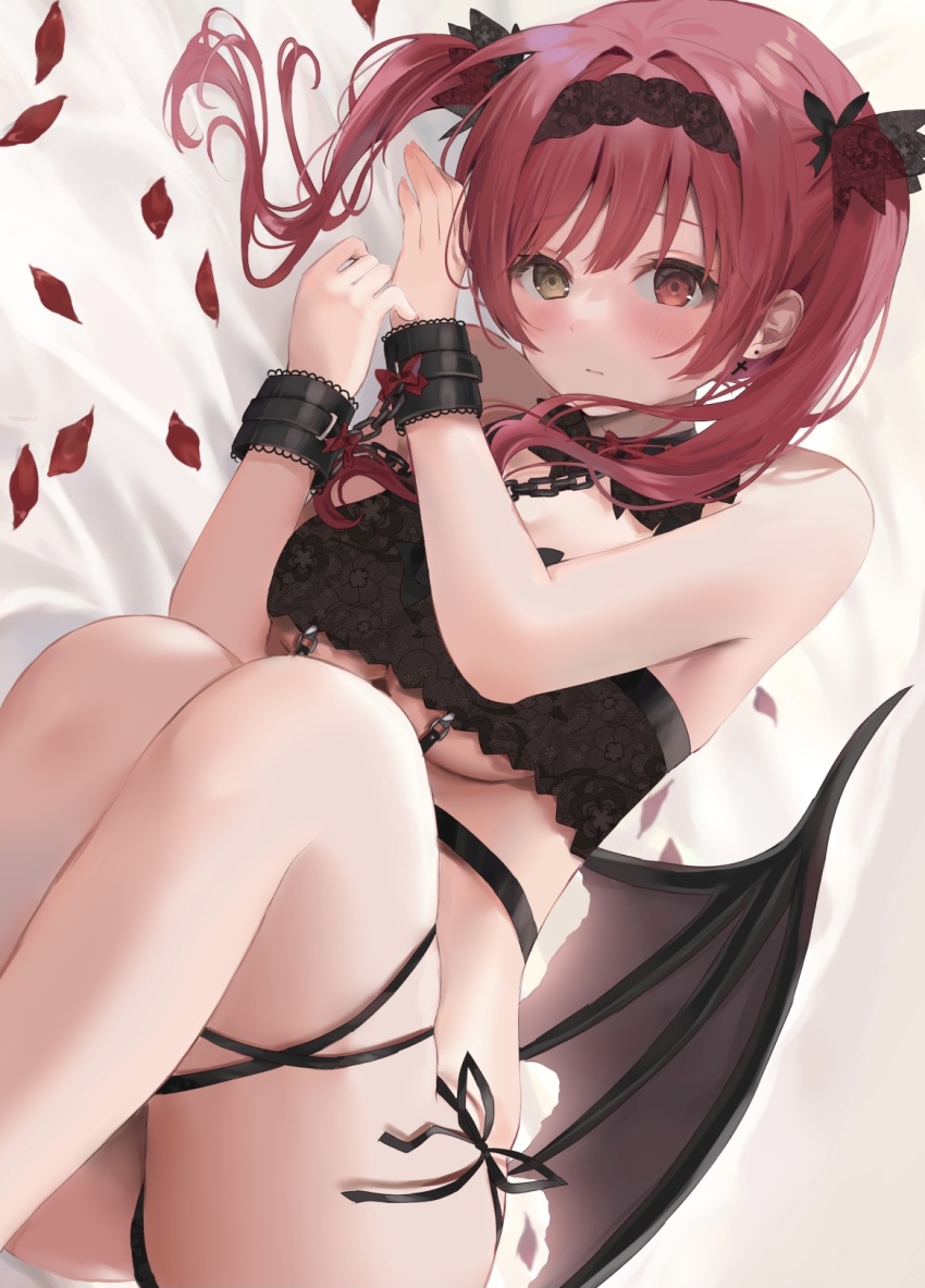 1girl, black_bra, bra, breasts, cleavage, demon_wings, hair_ornament, heterochromia