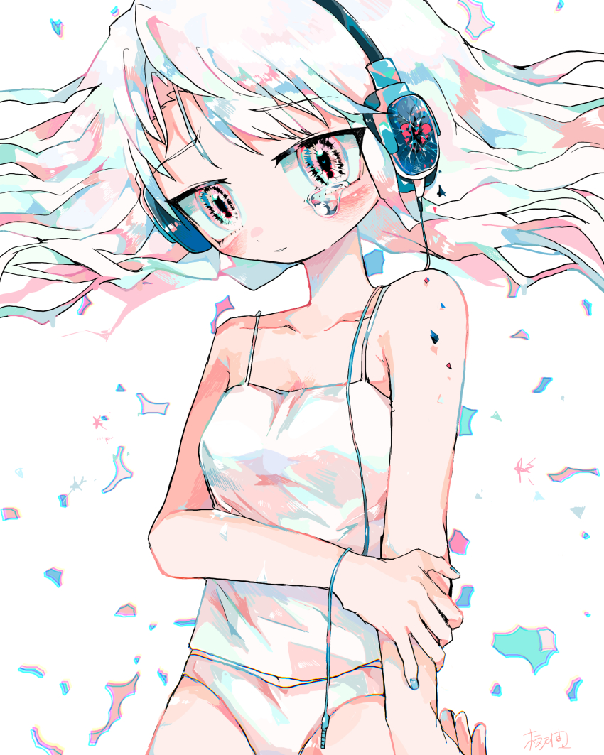 1girl, absurdres, blush, camisole, edanoma_meu, floating_hair, headphones, highres, multicolored_hair, original, panties, pink_eyes, rainbow_hair, signature, tearing_up, tears, underwear, white_hair